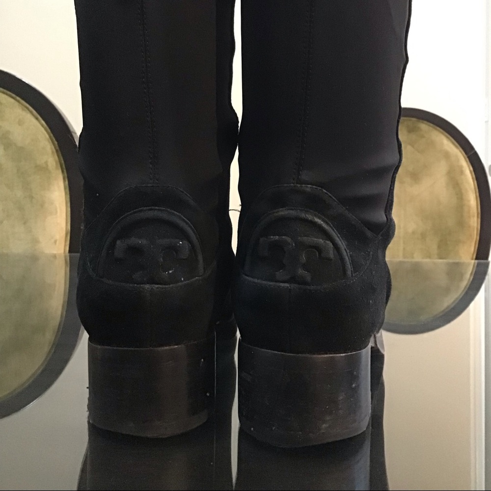 Tory Burch logo over the knee boots